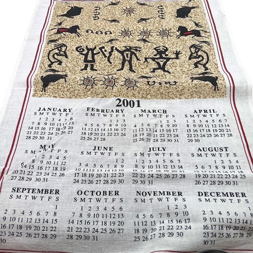 Vintage 2001 Calendar Tea Towel With Tribal Art Print Cotton Linen Blend